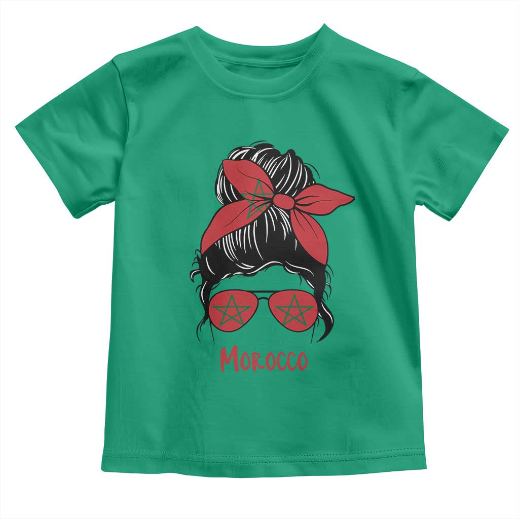 Morocco Girl Messy Bun with Flag Sunglasses Toddler T Shirt Proud Moroccan Woman Heritage TS02 Irish Green Print Your Wear