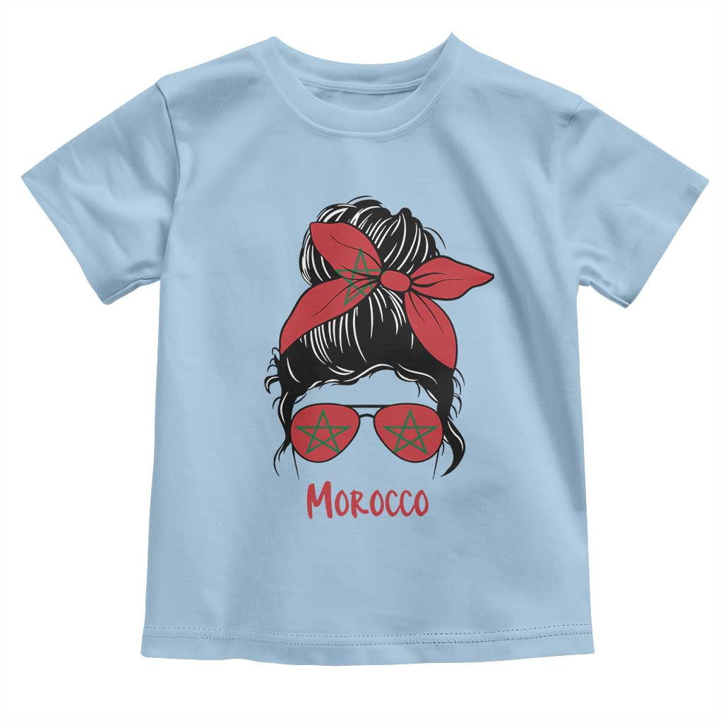 Morocco Girl Messy Bun with Flag Sunglasses Toddler T Shirt Proud Moroccan Woman Heritage TS02 Light Blue Print Your Wear