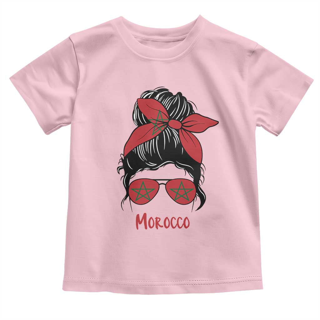 Morocco Girl Messy Bun with Flag Sunglasses Toddler T Shirt Proud Moroccan Woman Heritage TS02 Light Pink Print Your Wear