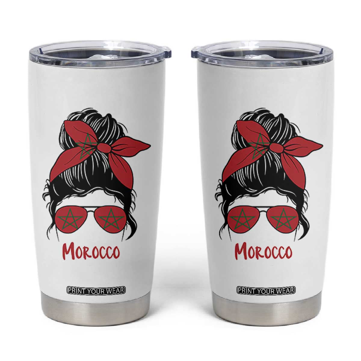 Morocco Girl Messy Bun with Flag Sunglasses Tumbler Cup Proud Moroccan Woman Heritage TS02 White Print Your Wear
