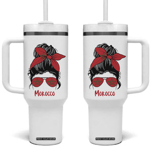 Morocco Girl Messy Bun with Flag Sunglasses Tumbler With Handle Proud Moroccan Woman Heritage TS02 One Size: 40 oz White Print Your Wear