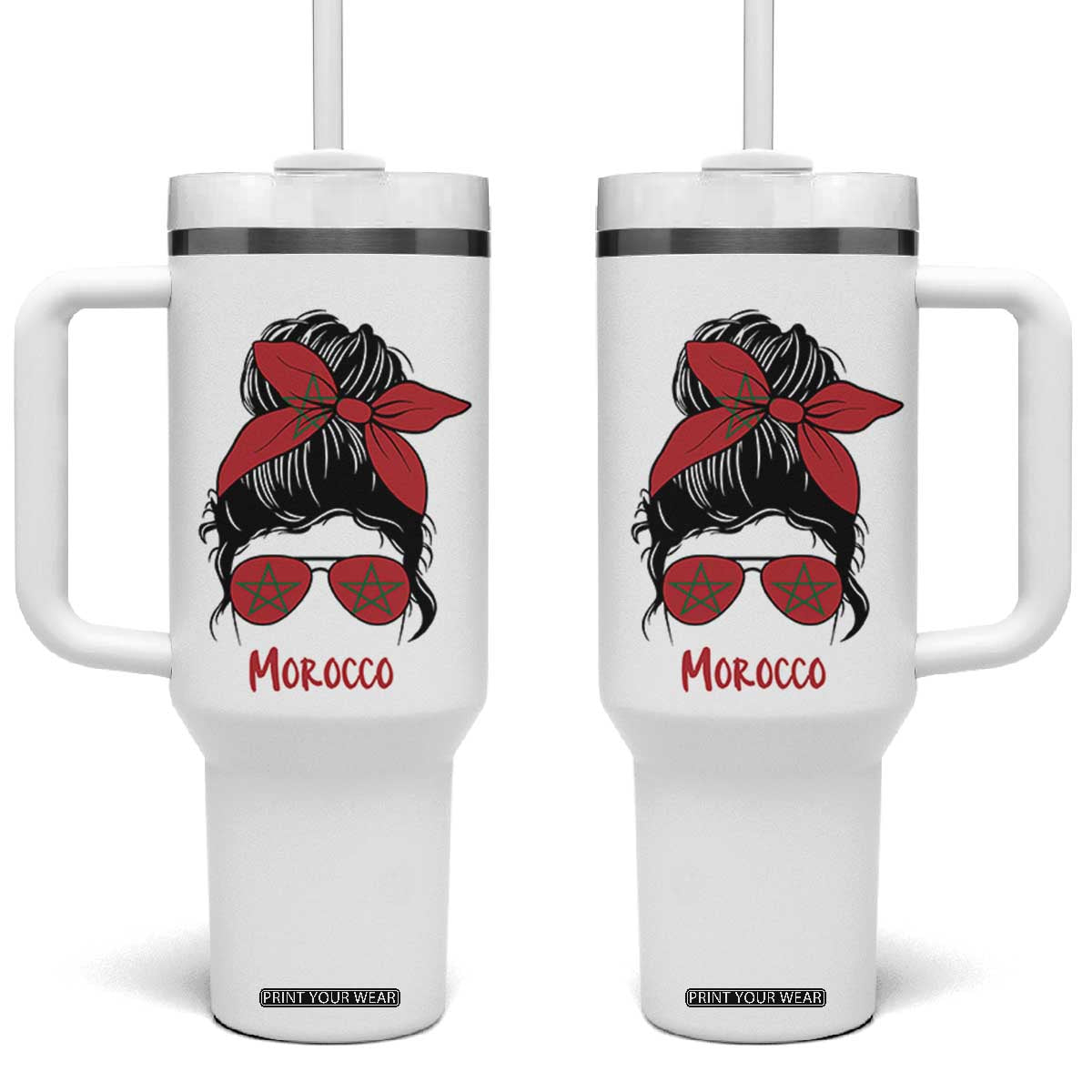 Morocco Girl Messy Bun with Flag Sunglasses Tumbler With Handle Proud Moroccan Woman Heritage TS02 One Size: 40 oz White Print Your Wear