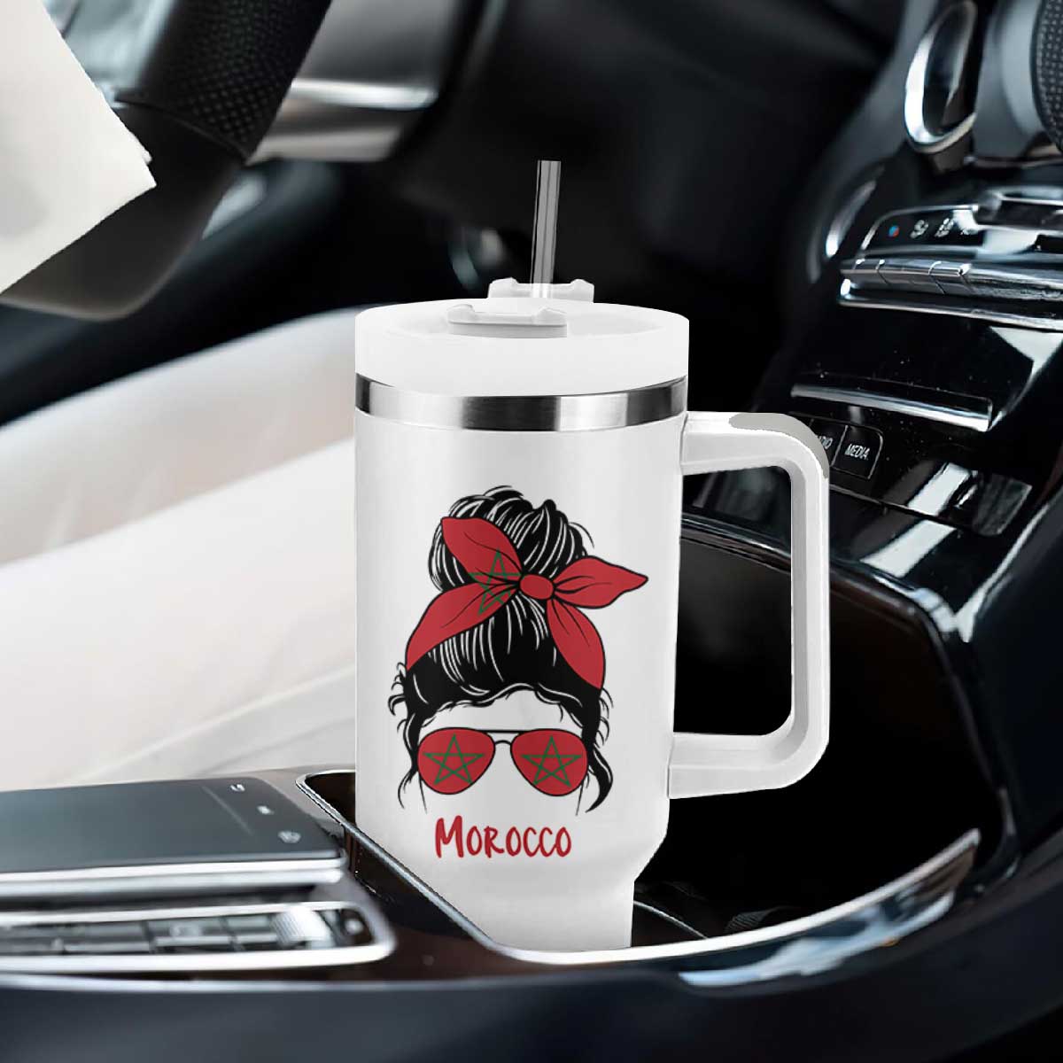 Morocco Girl Messy Bun with Flag Sunglasses Tumbler With Handle Proud Moroccan Woman Heritage TS02 Print Your Wear