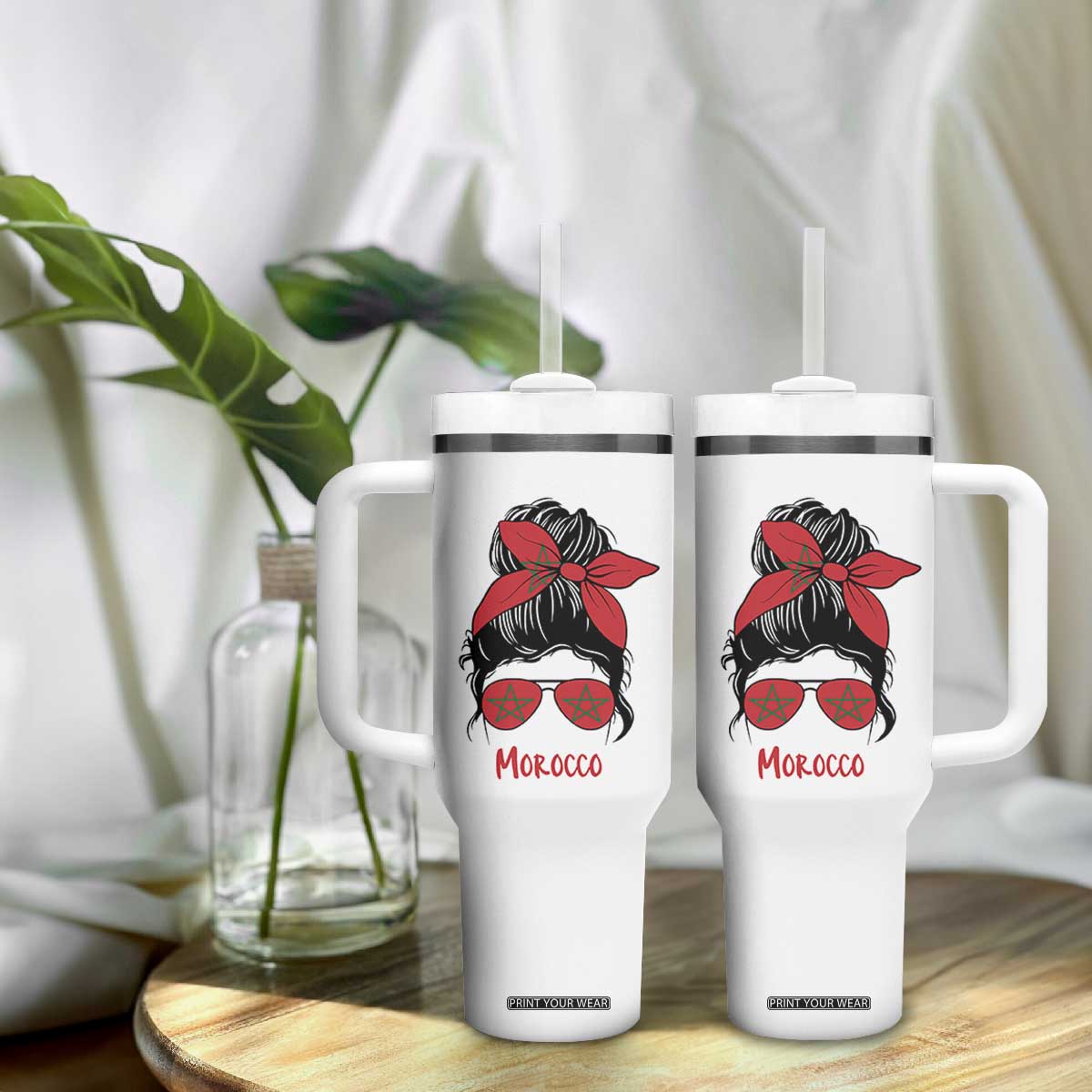 Morocco Girl Messy Bun with Flag Sunglasses Tumbler With Handle Proud Moroccan Woman Heritage TS02 Print Your Wear