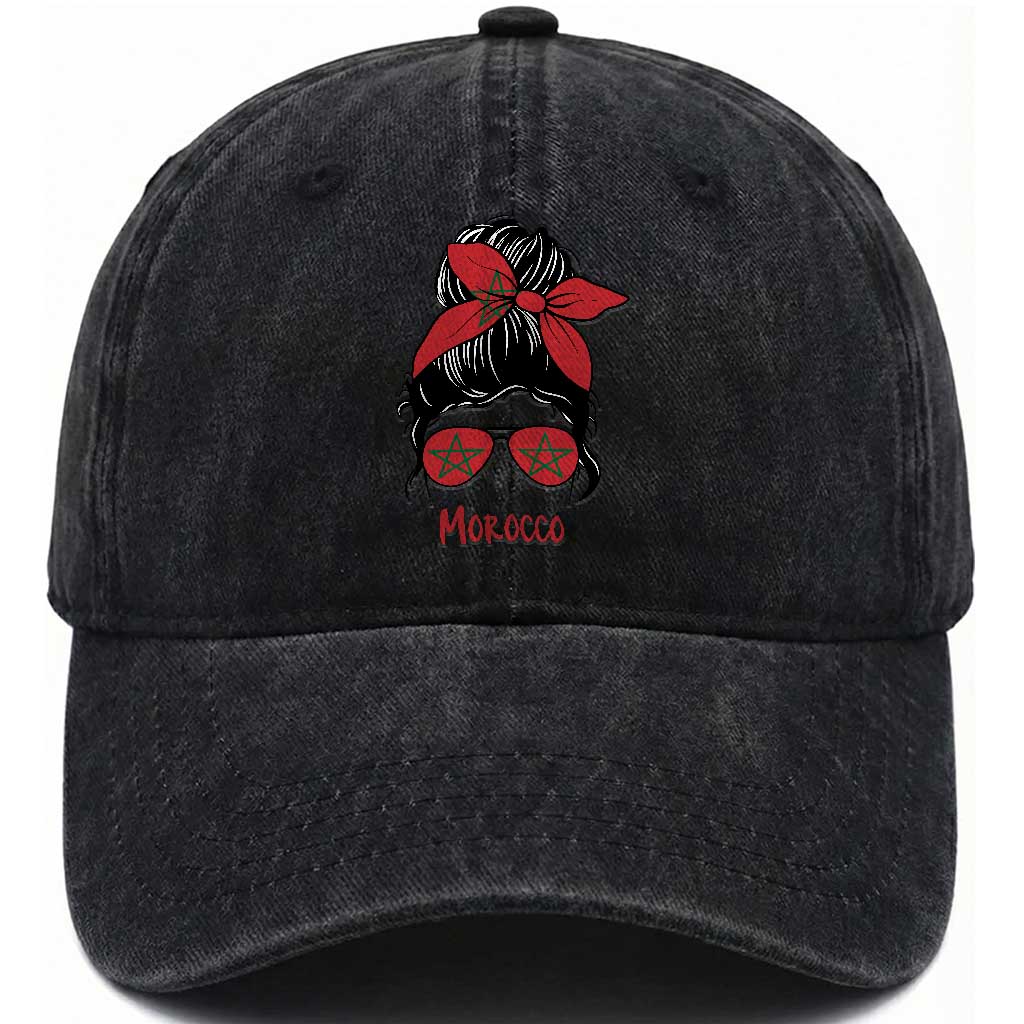 Morocco Girl Messy Bun with Flag Sunglasses Washed Cotton Baseball Cap Proud Moroccan Woman Heritage TS02 Print Your Wear
