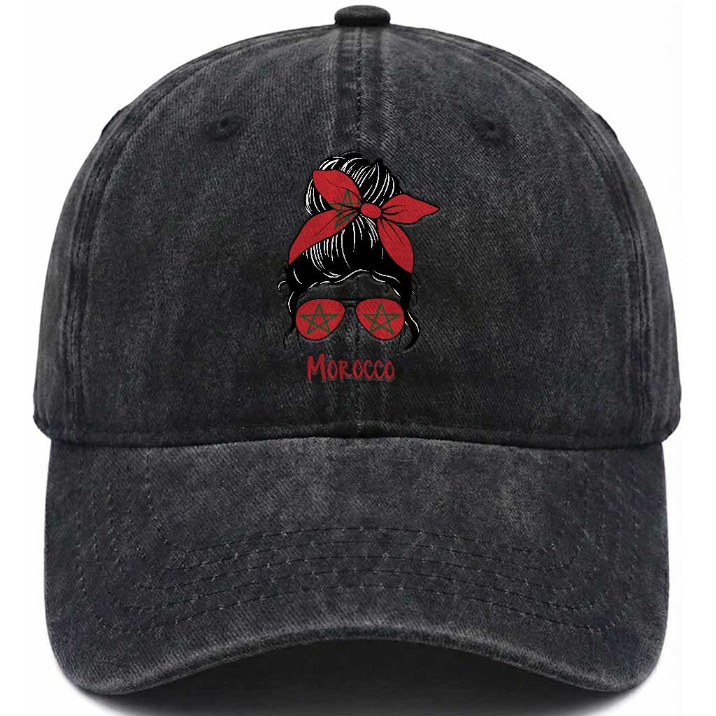 Morocco Girl Messy Bun with Flag Sunglasses Washed Cotton Baseball Cap Proud Moroccan Woman Heritage TS02