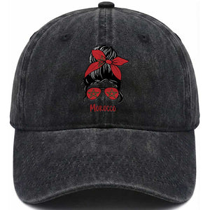 Morocco Girl Messy Bun with Flag Sunglasses Washed Cotton Baseball Cap Proud Moroccan Woman Heritage TS02