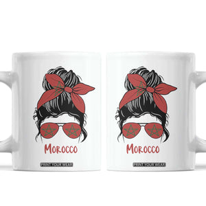 Morocco Girl Messy Bun with Flag Sunglasses Coffee Mug Proud Moroccan Woman Heritage TS02 White Print Your Wear