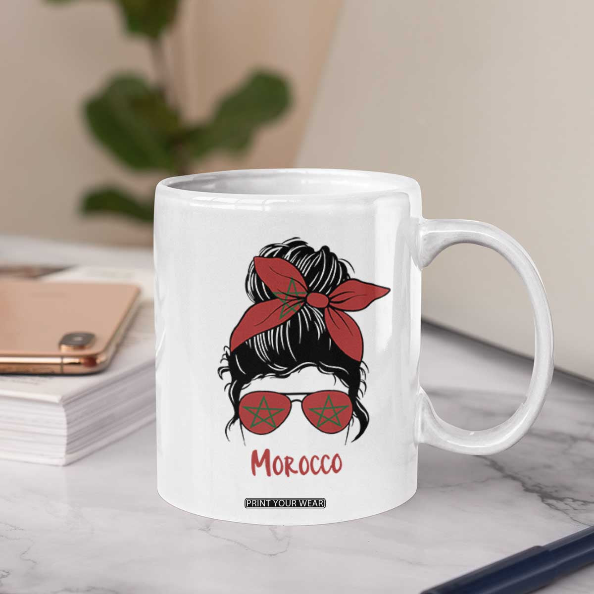 Morocco Girl Messy Bun with Flag Sunglasses Coffee Mug Proud Moroccan Woman Heritage TS02 Print Your Wear