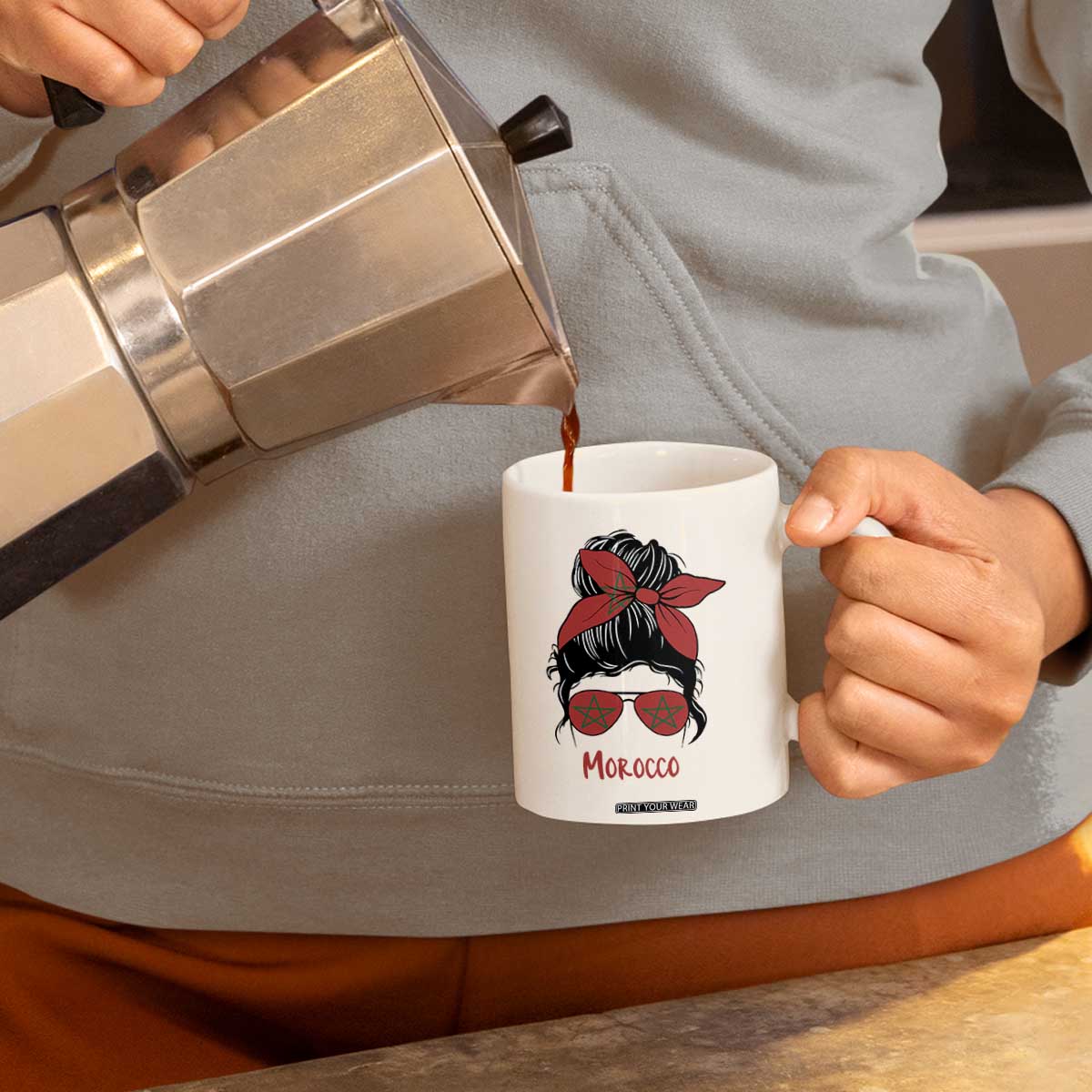 Morocco Girl Messy Bun with Flag Sunglasses Coffee Mug Proud Moroccan Woman Heritage TS02 Print Your Wear