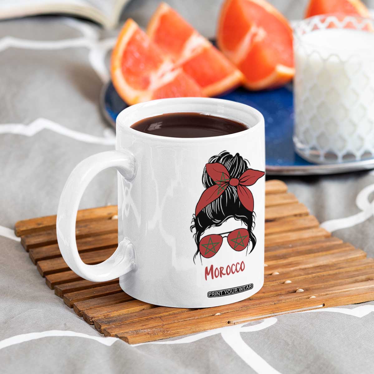 Morocco Girl Messy Bun with Flag Sunglasses Coffee Mug Proud Moroccan Woman Heritage TS02 Print Your Wear