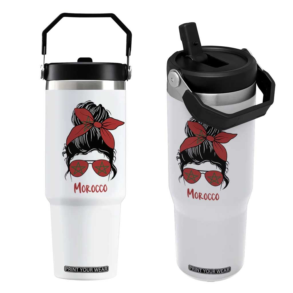Morocco Girl Messy Bun with Flag Sunglasses Flip Straw Tumbler Proud Moroccan Woman Heritage TS02 One Size: 30 oz White Print Your Wear