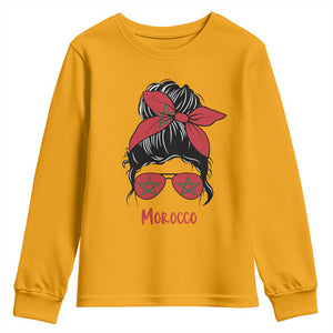 Morocco Girl Messy Bun with Flag Sunglasses Youth Sweatshirt Proud Moroccan Woman Heritage TS02 Gold Print Your Wear