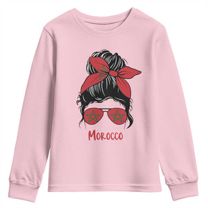 Morocco Girl Messy Bun with Flag Sunglasses Youth Sweatshirt Proud Moroccan Woman Heritage TS02 Light Pink Print Your Wear