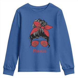 Morocco Girl Messy Bun with Flag Sunglasses Youth Sweatshirt Proud Moroccan Woman Heritage TS02 Royal Blue Print Your Wear