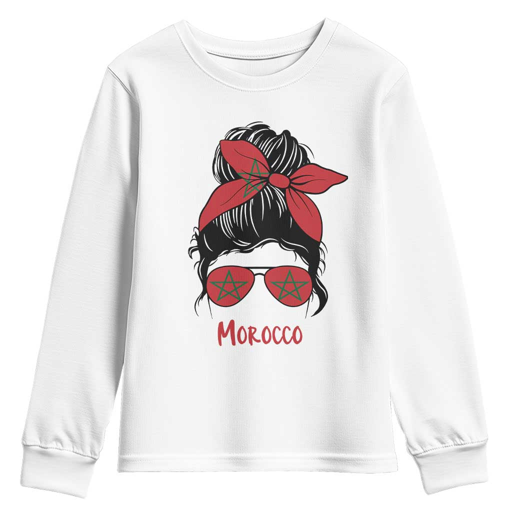 Morocco Girl Messy Bun with Flag Sunglasses Youth Sweatshirt Proud Moroccan Woman Heritage TS02 White Print Your Wear