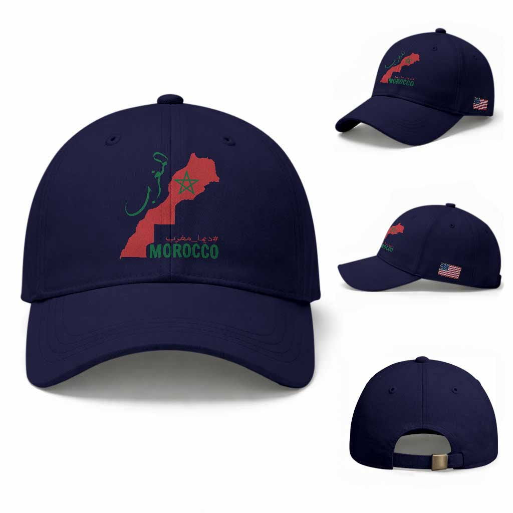Morocco Map Dima Maghrib with Arabic Calligraphy Baseball Cap Maghreb Traditional Moroccan Roots Graphic TS02 Baseball Cap Universal Fit Dark Blue Print Your Wear