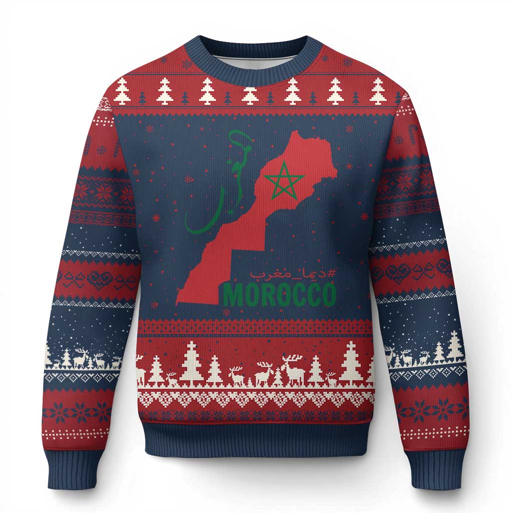 Morocco Map Dima Maghrib with Arabic Calligraphy Ugly Christmas Sweater Maghreb Traditional Moroccan Roots Graphic TS02 Navy Red Print Your Wear
