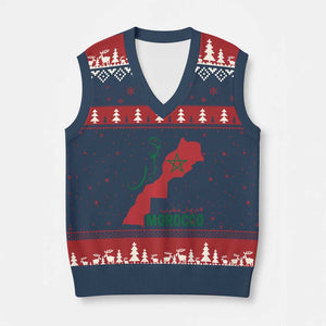 Morocco Map Dima Maghrib with Arabic Calligraphy V-Neck Knit Sweater Vest Maghreb Traditional Moroccan Roots Graphic TS02 Navy Red Print Your Wear