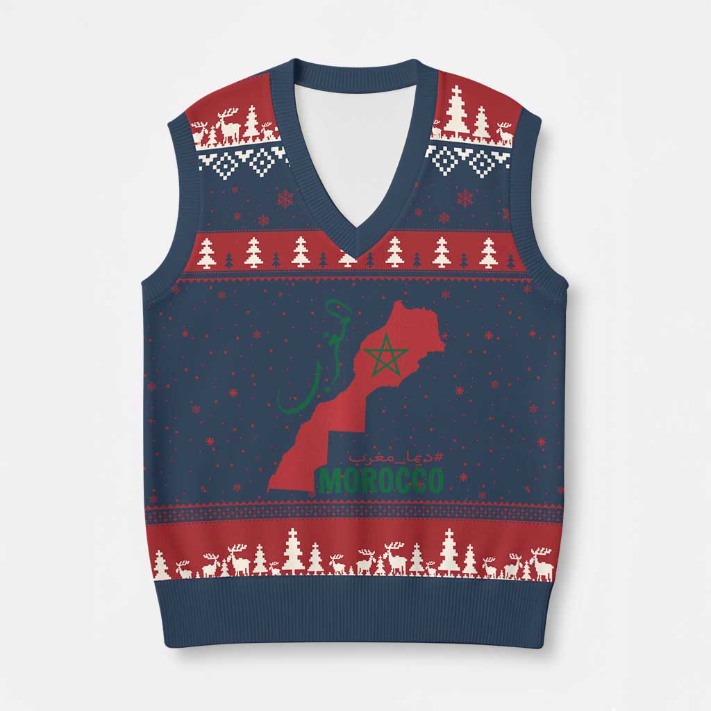 Morocco Map Dima Maghrib with Arabic Calligraphy V-Neck Knit Sweater Vest Maghreb Traditional Moroccan Roots Graphic TS02 Navy Red Print Your Wear