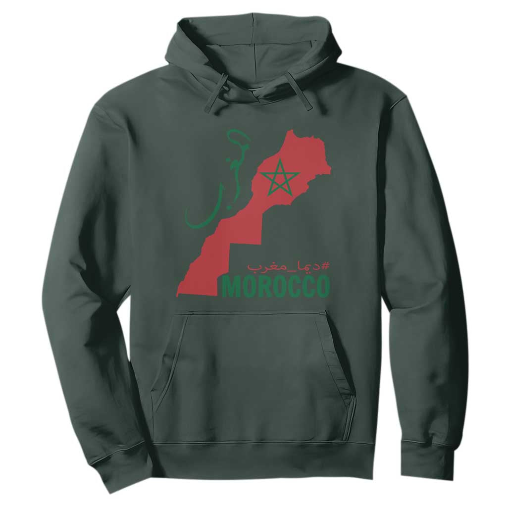 Morocco Map Dima Maghrib with Arabic Calligraphy Hoodie Maghreb Traditional Moroccan Roots Graphic TS02 Dark Forest Green Print Your Wear