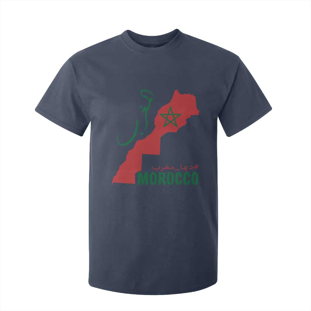 Morocco Map Dima Maghrib with Arabic Calligraphy T Shirt For Kid Maghreb Traditional Moroccan Roots Graphic TS02 Navy Print Your Wear