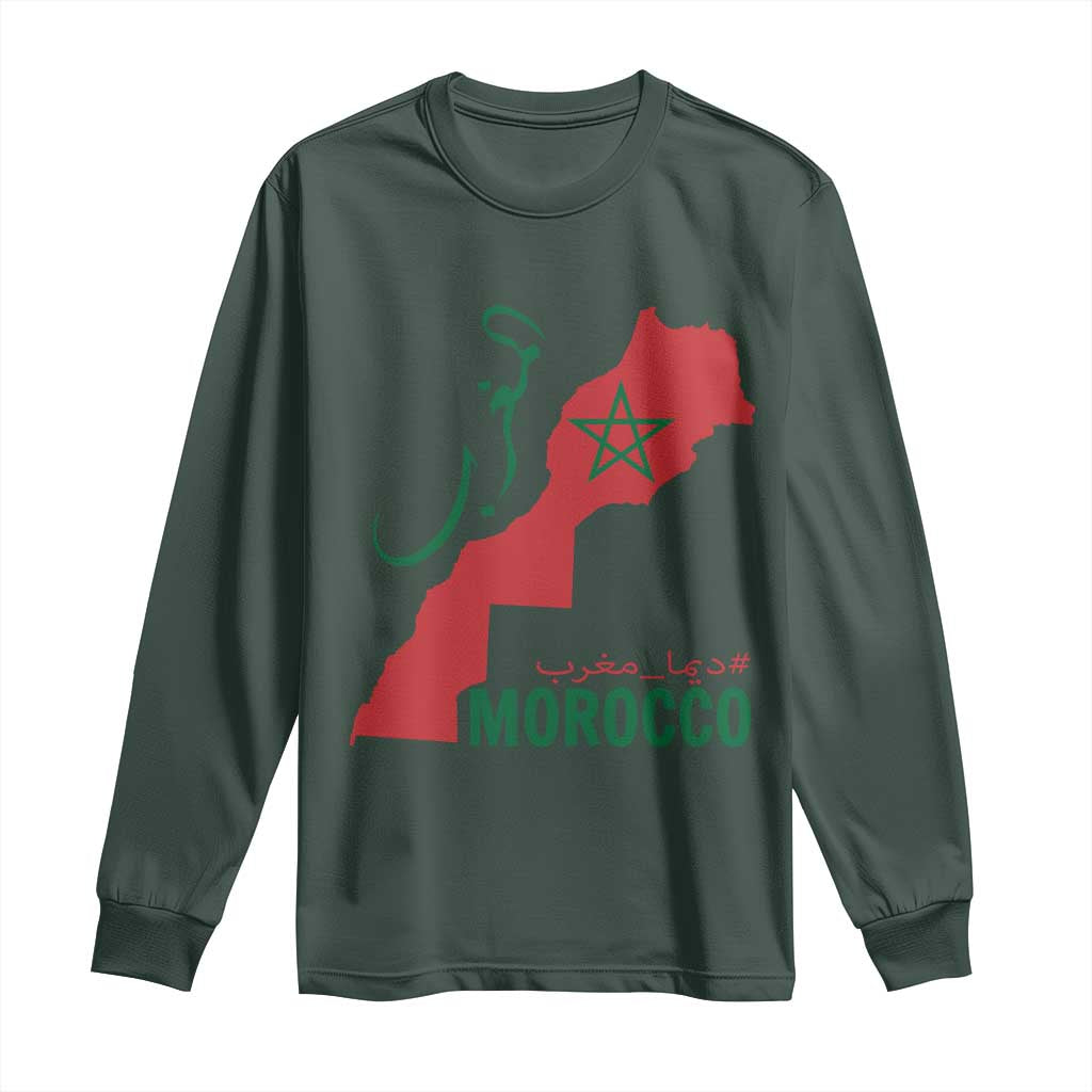 Morocco Map Dima Maghrib with Arabic Calligraphy Long Sleeve Shirt Maghreb Traditional Moroccan Roots Graphic TS02 Dark Forest Green Print Your Wear