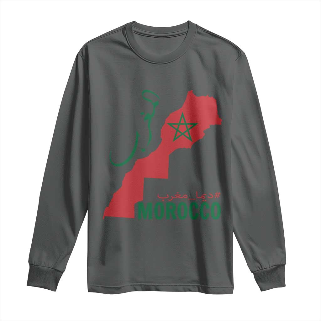Morocco Map Dima Maghrib with Arabic Calligraphy Long Sleeve Shirt Maghreb Traditional Moroccan Roots Graphic TS02 Dark Heather Print Your Wear