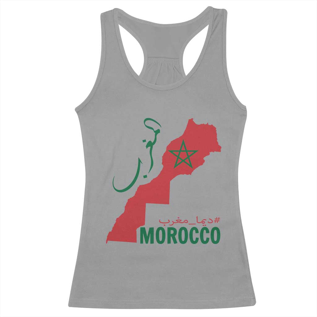 Morocco Map Dima Maghrib with Arabic Calligraphy Racerback Tank Top Maghreb Traditional Moroccan Roots Graphic TS02 Sport Gray Print Your Wear