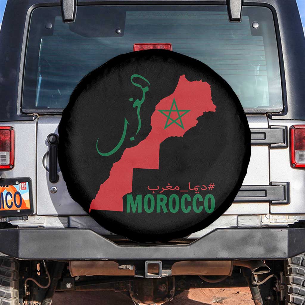 Morocco Map Dima Maghrib with Arabic Calligraphy Spare Tire Cover Maghreb Traditional Moroccan Roots Graphic TS02 No hole Black Print Your Wear