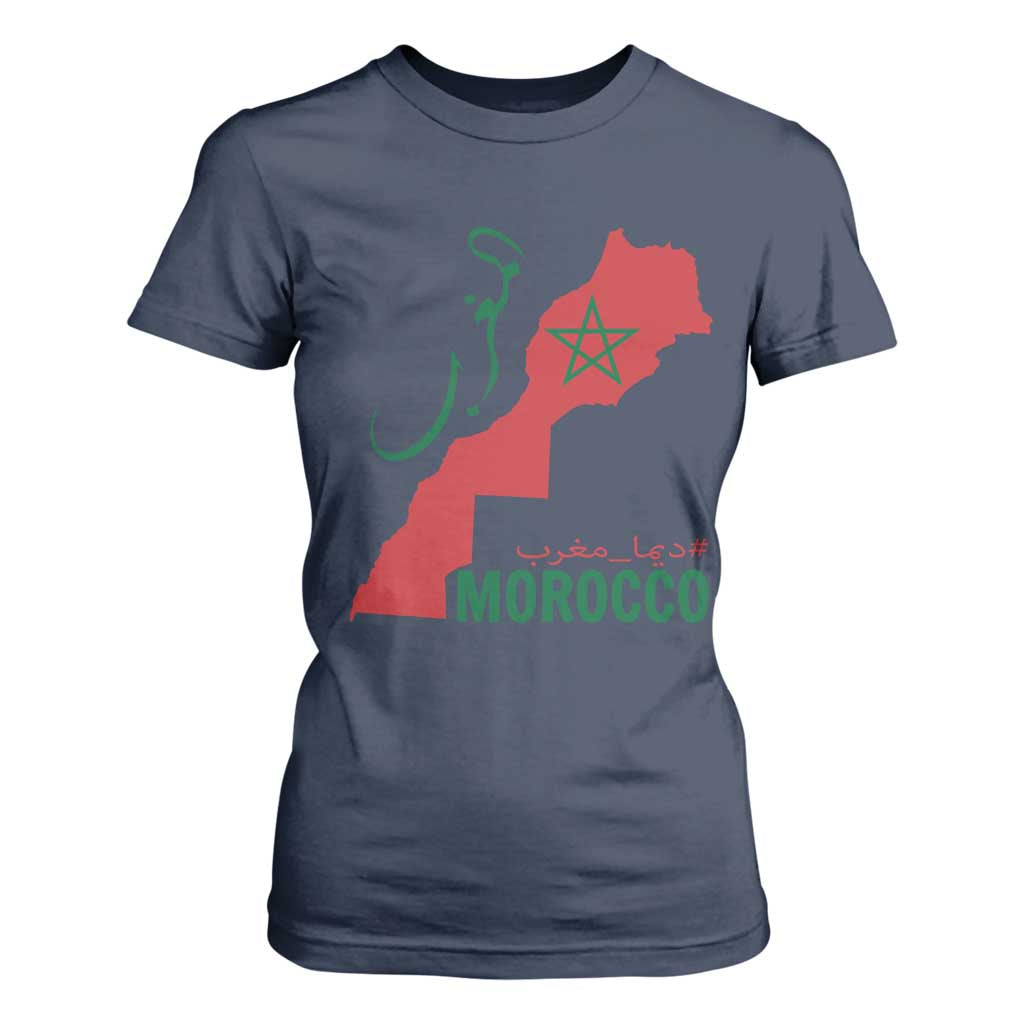 Morocco Map Dima Maghrib with Arabic Calligraphy T Shirt For Women Maghreb Traditional Moroccan Roots Graphic TS02 Navy Print Your Wear