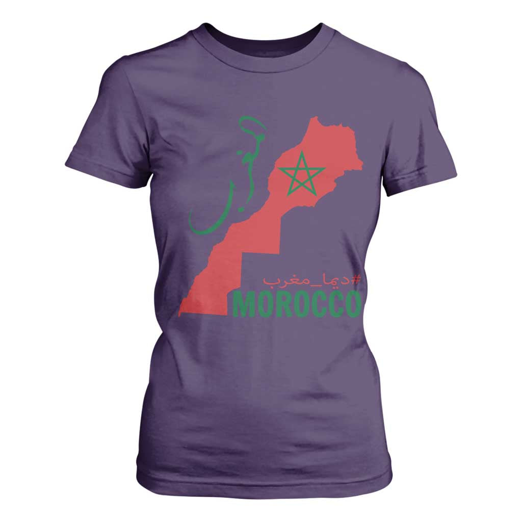 Morocco Map Dima Maghrib with Arabic Calligraphy T Shirt For Women Maghreb Traditional Moroccan Roots Graphic TS02 Purple Print Your Wear