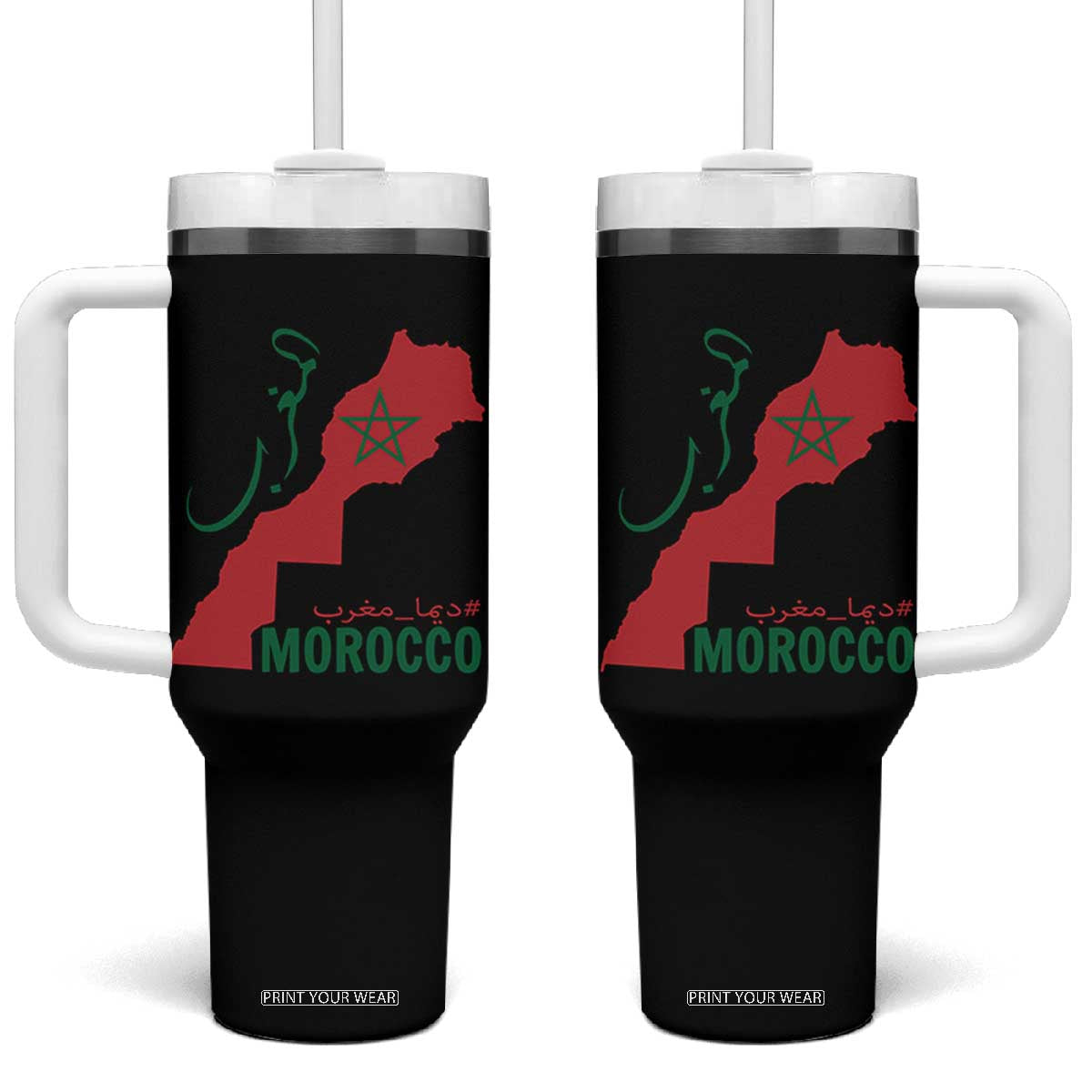 Morocco Map Dima Maghrib with Arabic Calligraphy Tumbler With Handle Maghreb Traditional Moroccan Roots Graphic TS02 One Size: 40 oz Black Print Your Wear