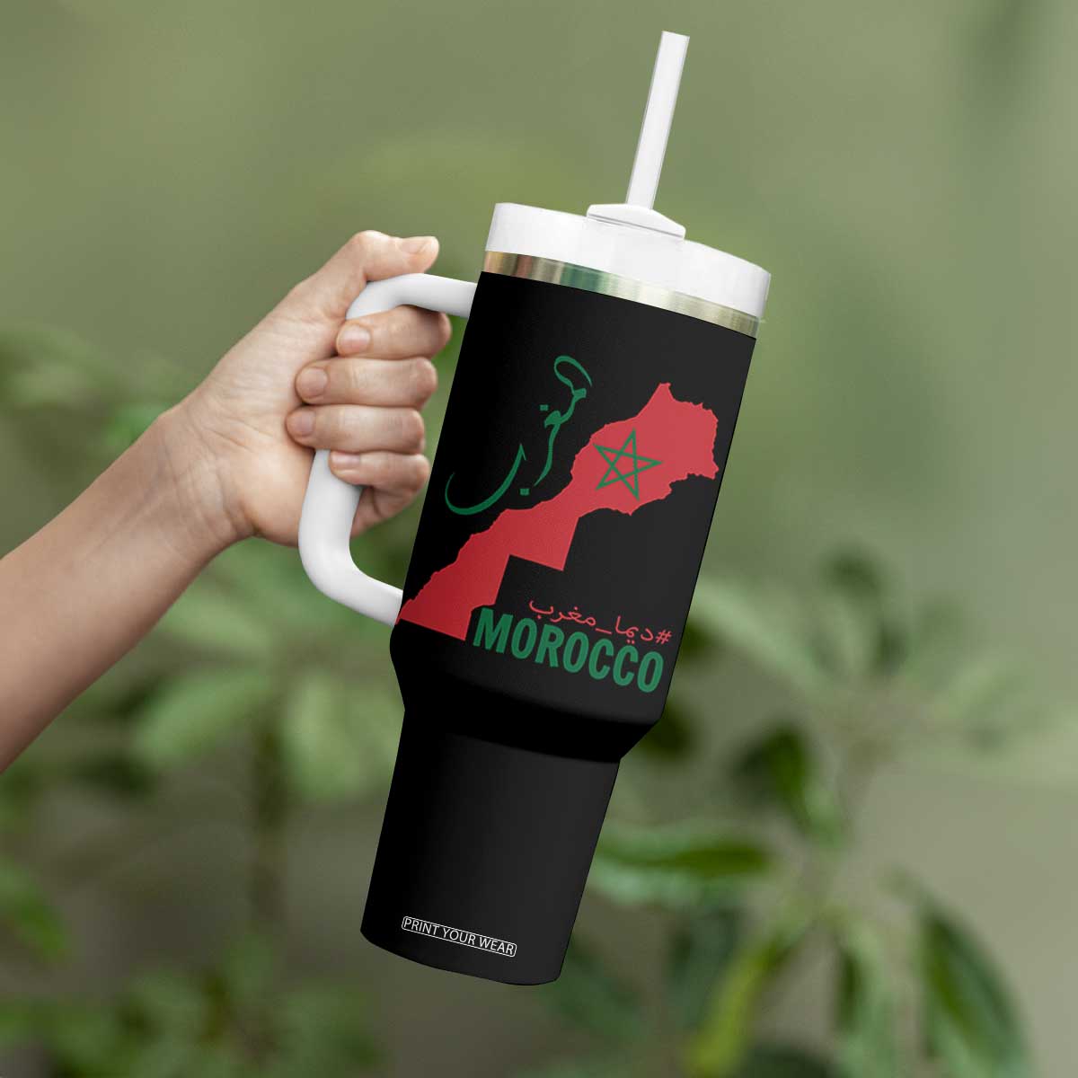 Morocco Map Dima Maghrib with Arabic Calligraphy Tumbler With Handle Maghreb Traditional Moroccan Roots Graphic TS02 Print Your Wear