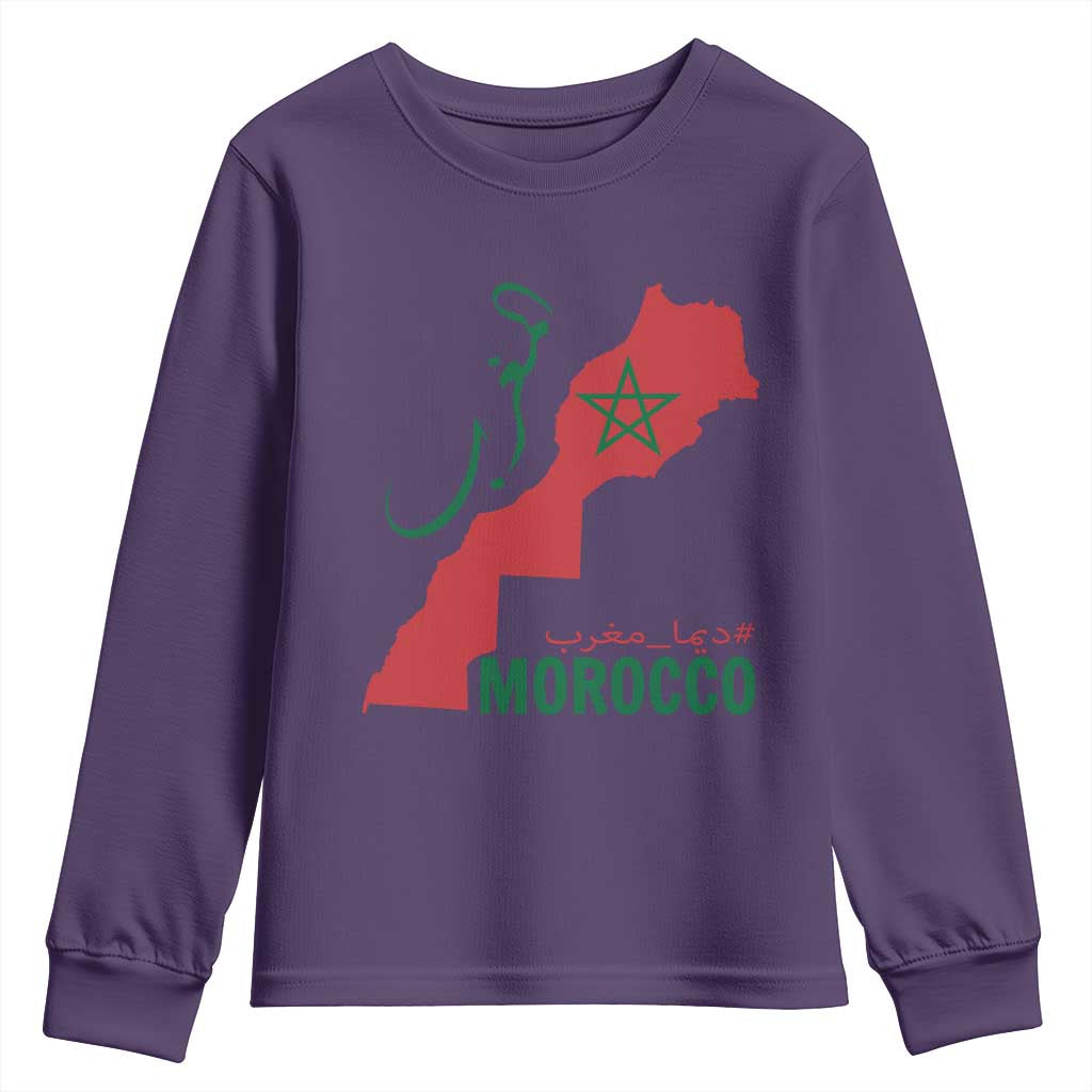 Morocco Map Dima Maghrib with Arabic Calligraphy Youth Sweatshirt Maghreb Traditional Moroccan Roots Graphic TS02 Purple Print Your Wear