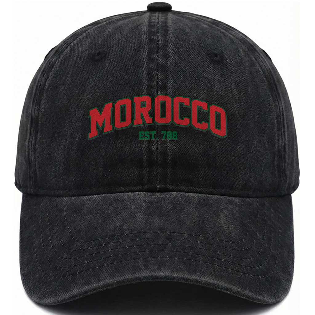 Vintage Morocco Varsity Collegiate Style Washed Cotton Baseball Cap Established 788 Moroccan History TS02