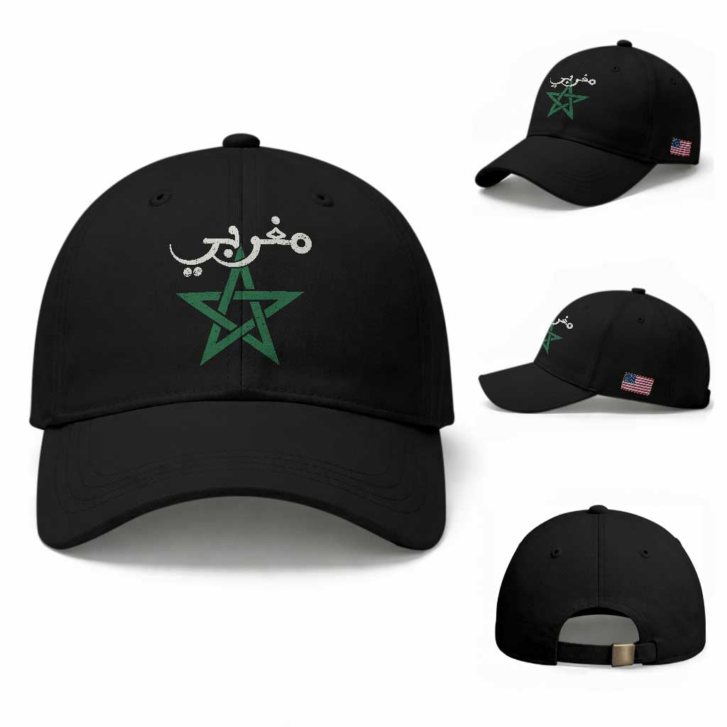 Maghribi Morocco Flag Star Traditional Arabic Script Baseball Cap Patriotic Moroccan Pride Heritage TS02 Baseball Cap Universal Fit Black Print Your Wear