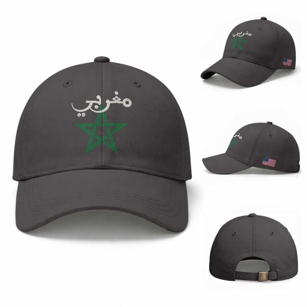 Maghribi Morocco Flag Star Traditional Arabic Script Baseball Cap Patriotic Moroccan Pride Heritage TS02 Baseball Cap Universal Fit Dark Gray Print Your Wear