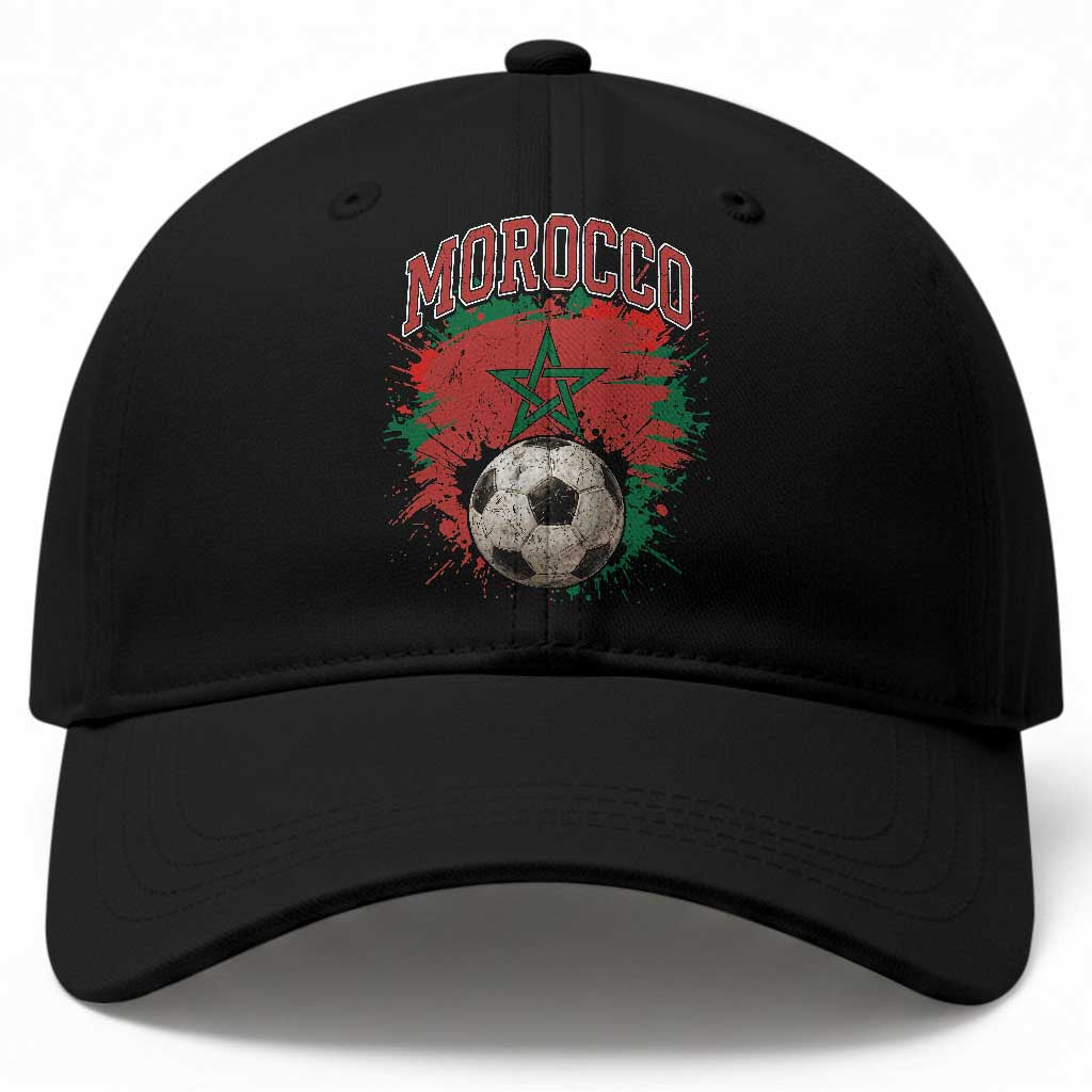 Vintage Morocco Flag Soccer Splatter Graphic Baseball Cap Patriotic Moroccan Football Fans National Pride Sports TS02 Print Your Wear