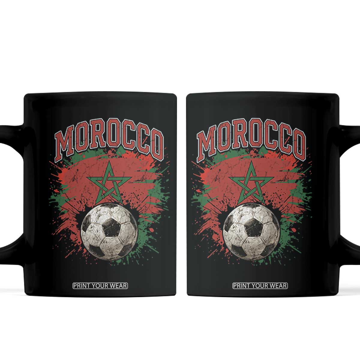 Vintage Morocco Flag Soccer Splatter Graphic Coffee Mug Patriotic Moroccan Football Fans National Pride Sports TS02 Black Print Your Wear