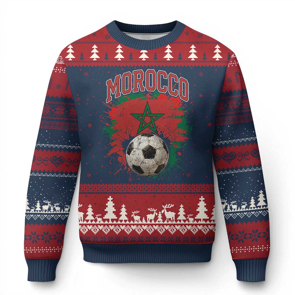 Vintage Morocco Flag Soccer Splatter Graphic Ugly Christmas Sweater Patriotic Moroccan Football Fans National Pride Sports TS02 Navy Red Print Your Wear