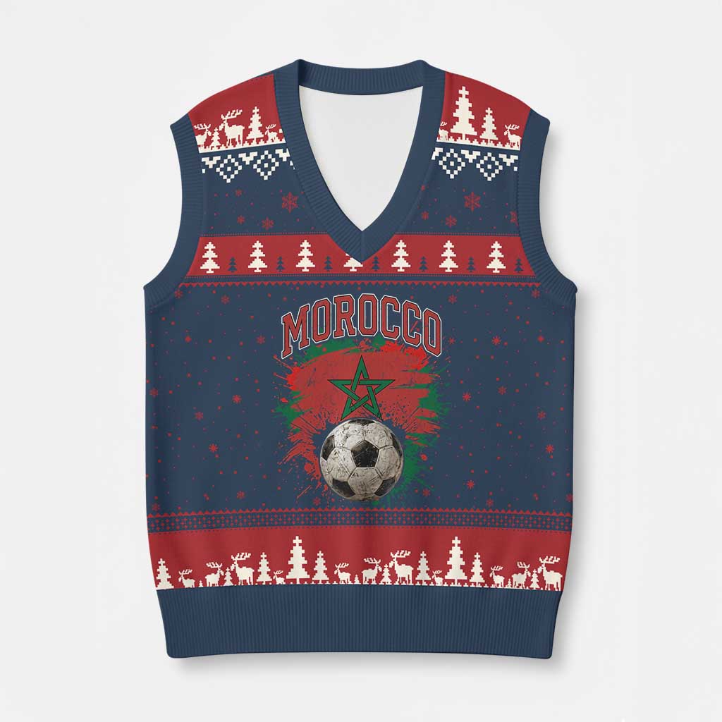 Vintage Morocco Flag Soccer Splatter Graphic V-Neck Knit Sweater Vest Patriotic Moroccan Football Fans National Pride Sports TS02 Navy Red Print Your Wear