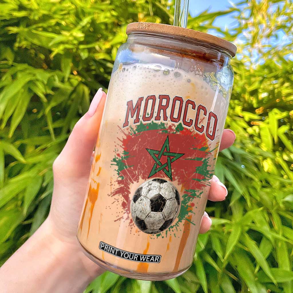 Vintage Morocco Flag Soccer Splatter Graphic Glass Can Patriotic Moroccan Football Fans National Pride Sports TS02 Black Print Your Wear