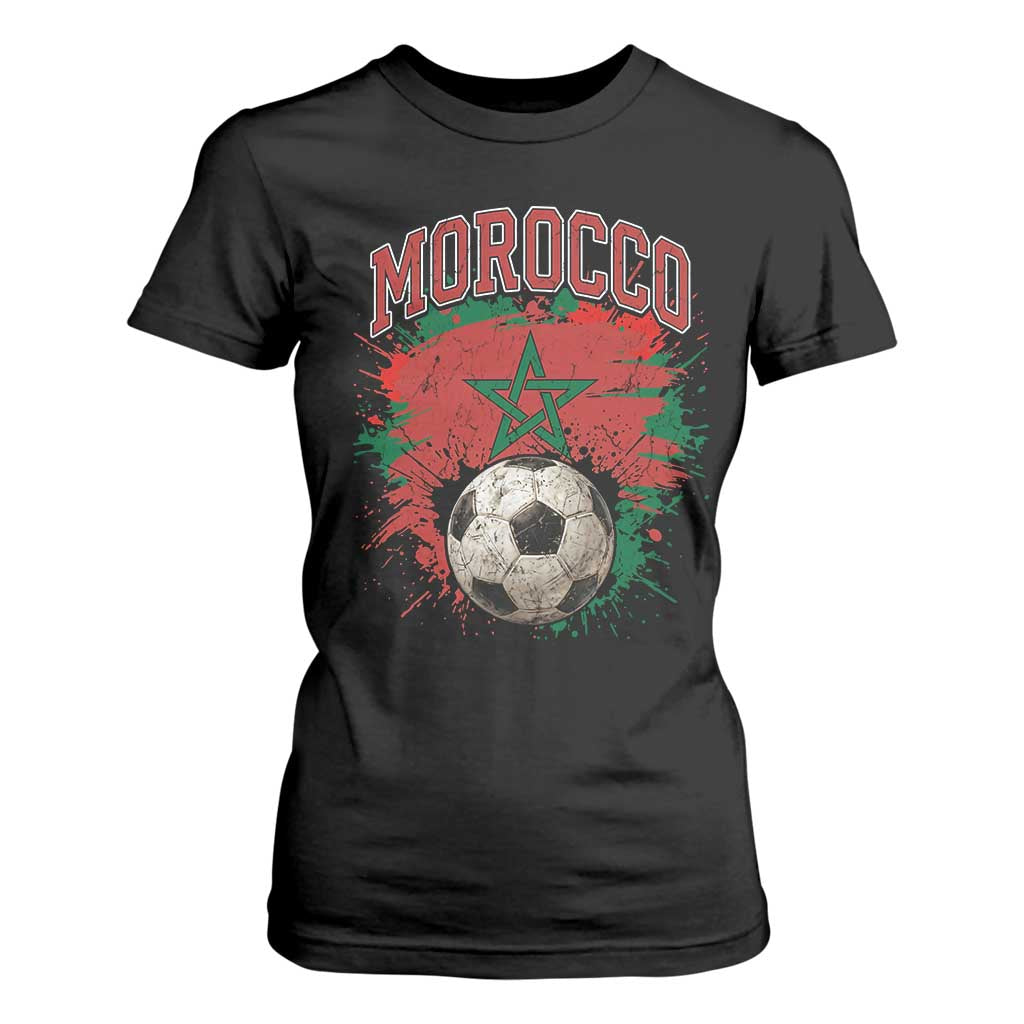 Vintage Morocco Flag Soccer Splatter Graphic T Shirt For Women Patriotic Moroccan Football Fans National Pride Sports TS02 Black Print Your Wear