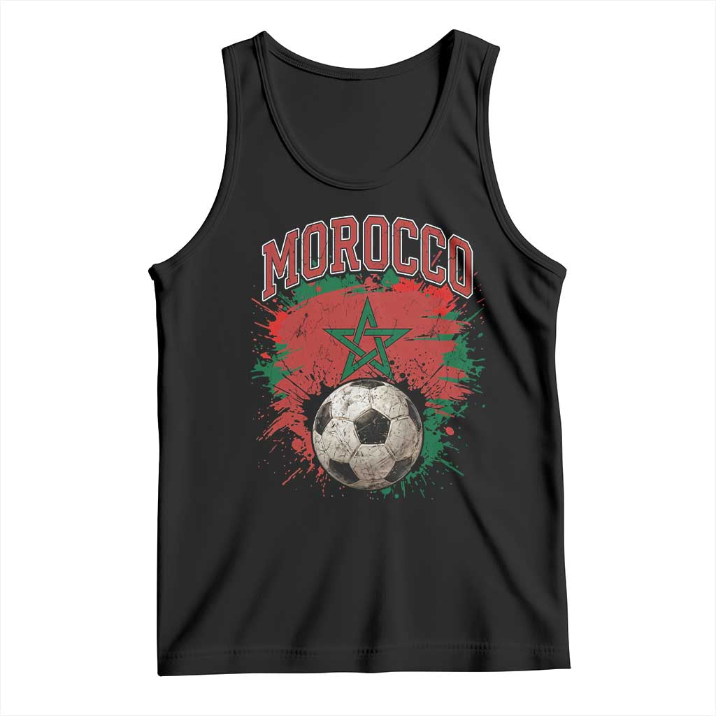 Vintage Morocco Flag Soccer Splatter Graphic Tank Top Patriotic Moroccan Football Fans National Pride Sports TS02 Black Print Your Wear