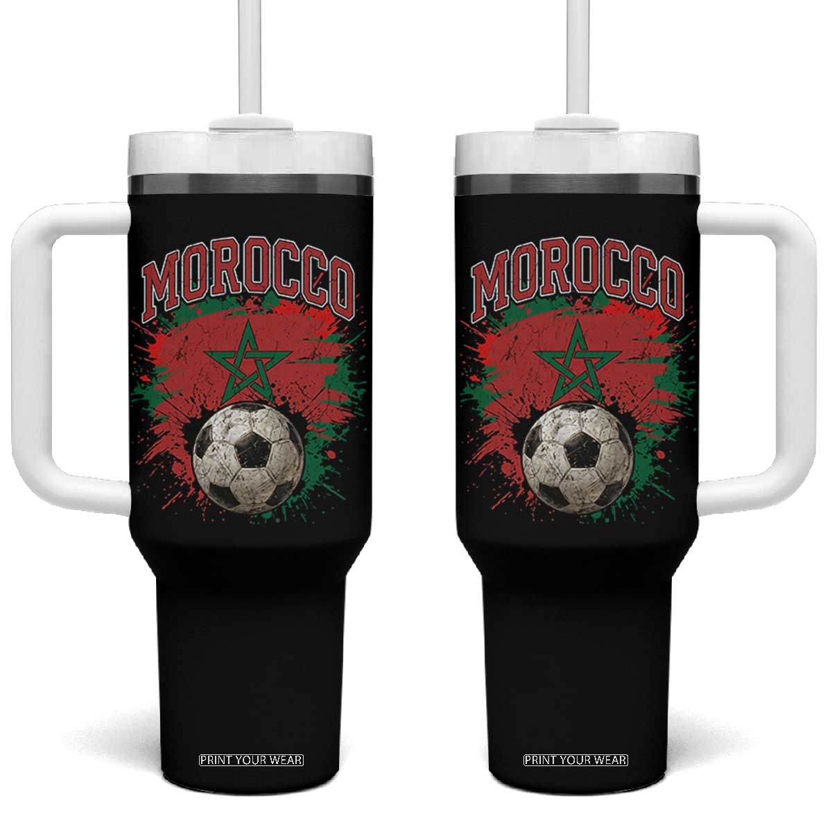Vintage Morocco Flag Soccer Splatter Graphic Tumbler With Handle Patriotic Moroccan Football Fans National Pride Sports TS02 One Size: 40 oz Black Print Your Wear