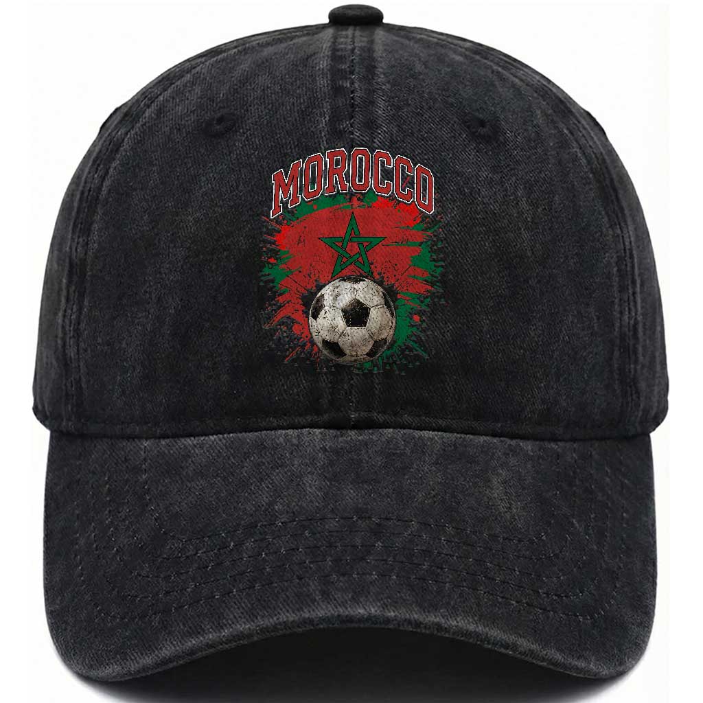 Vintage Morocco Flag Soccer Splatter Graphic Washed Cotton Baseball Cap Patriotic Moroccan Football Fans National Pride Sports TS02 Print Your Wear