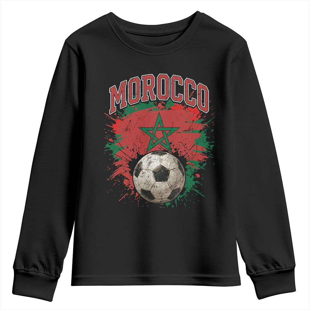 Vintage Morocco Flag Soccer Splatter Graphic Youth Sweatshirt Patriotic Moroccan Football Fans National Pride Sports TS02 Black Print Your Wear