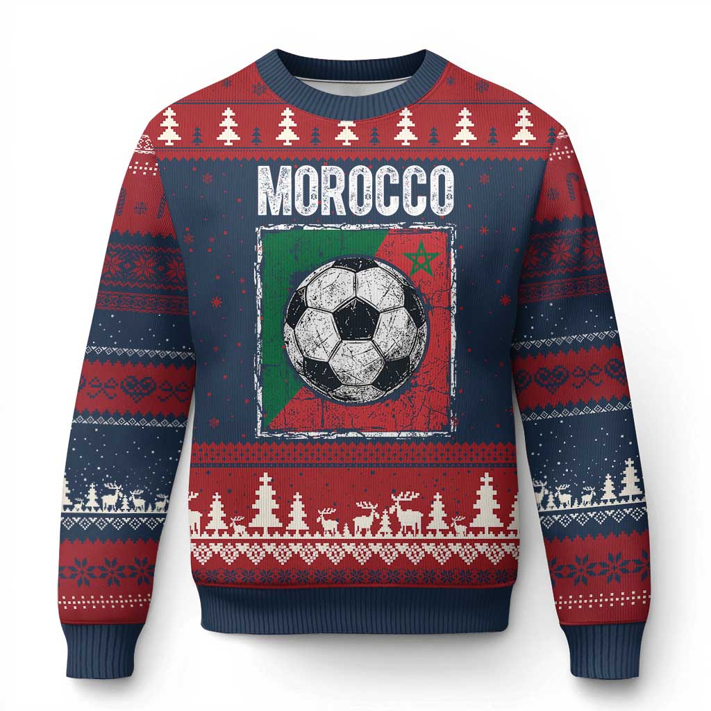 Vintage Morocco Soccer Flag Ugly Christmas Sweater Moroccan Football Fans National Pride Sports TS02 Navy Red Print Your Wear