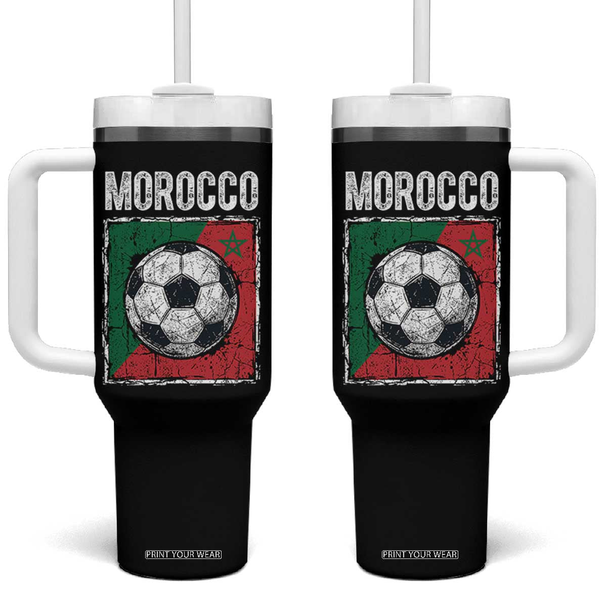 Vintage Morocco Soccer Flag Tumbler With Handle Moroccan Football Fans National Pride Sports TS02 One Size: 40 oz Black Print Your Wear